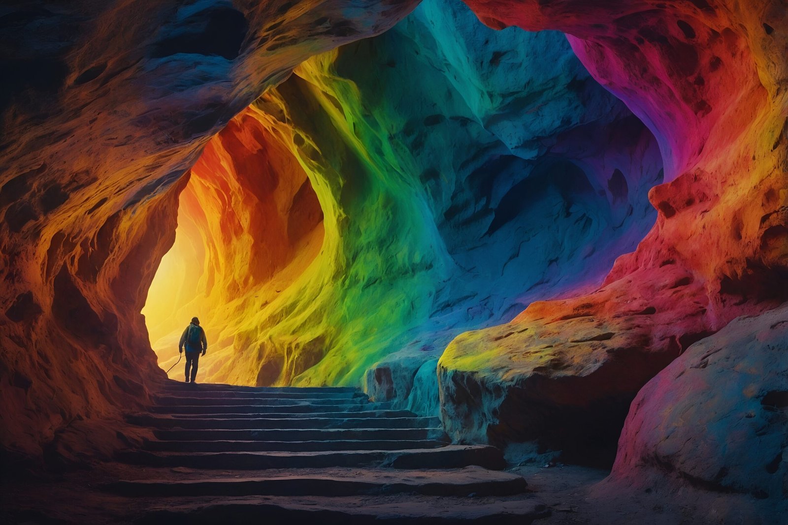 A person climbs stone steps toward the light through a rainbow-colored cave — illustration for a queer-affirming therapy blog post